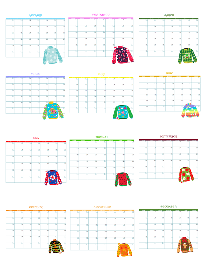 2024 YEAR OF THE UGLY SWEATER MONTHLY CALENDAR