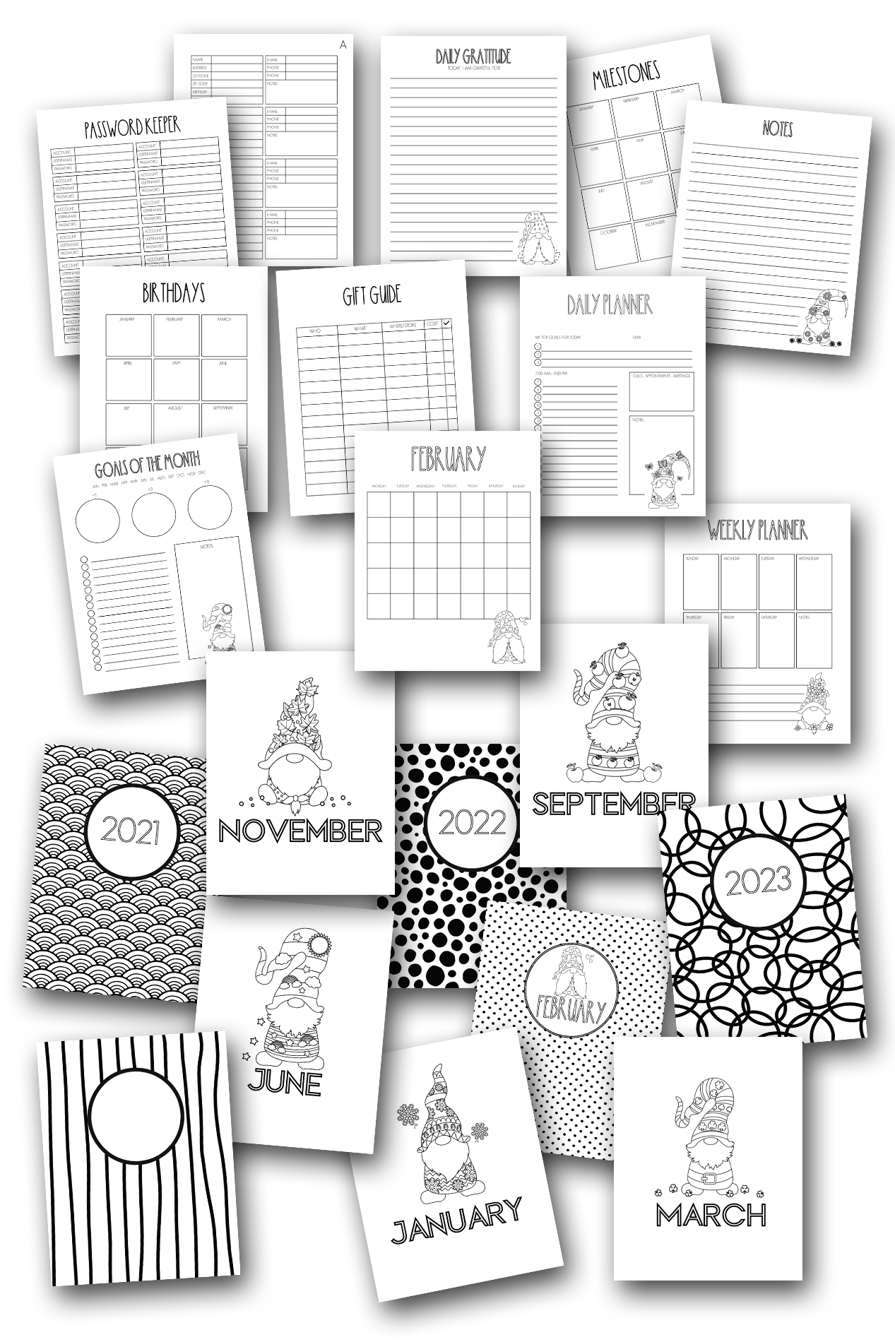 Simply Love PLR Year of the Gnome Coloring Home Organization Planner Journal